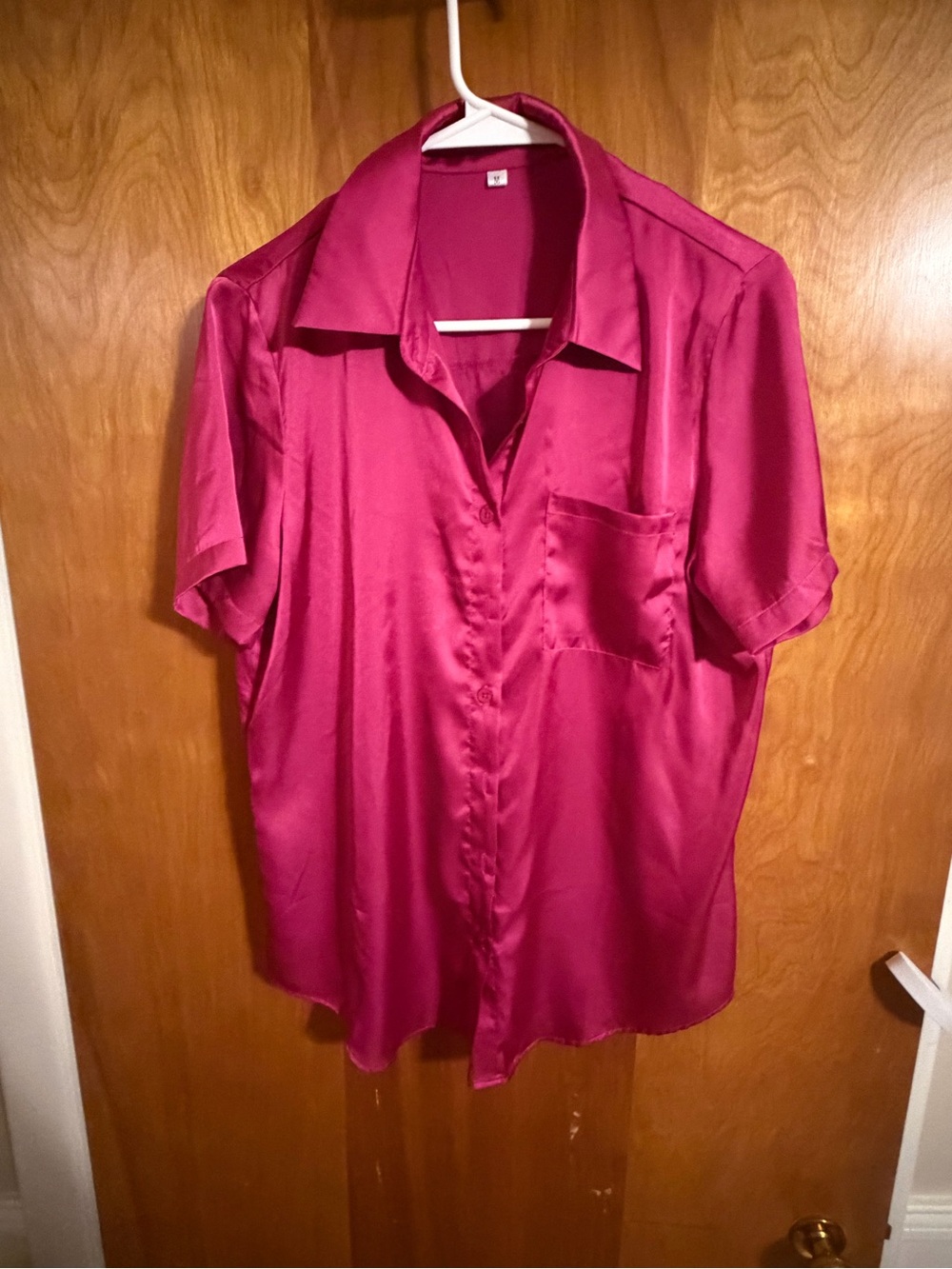 Women’s Satin Short Sleeve Button-Up Shirt - Magenta